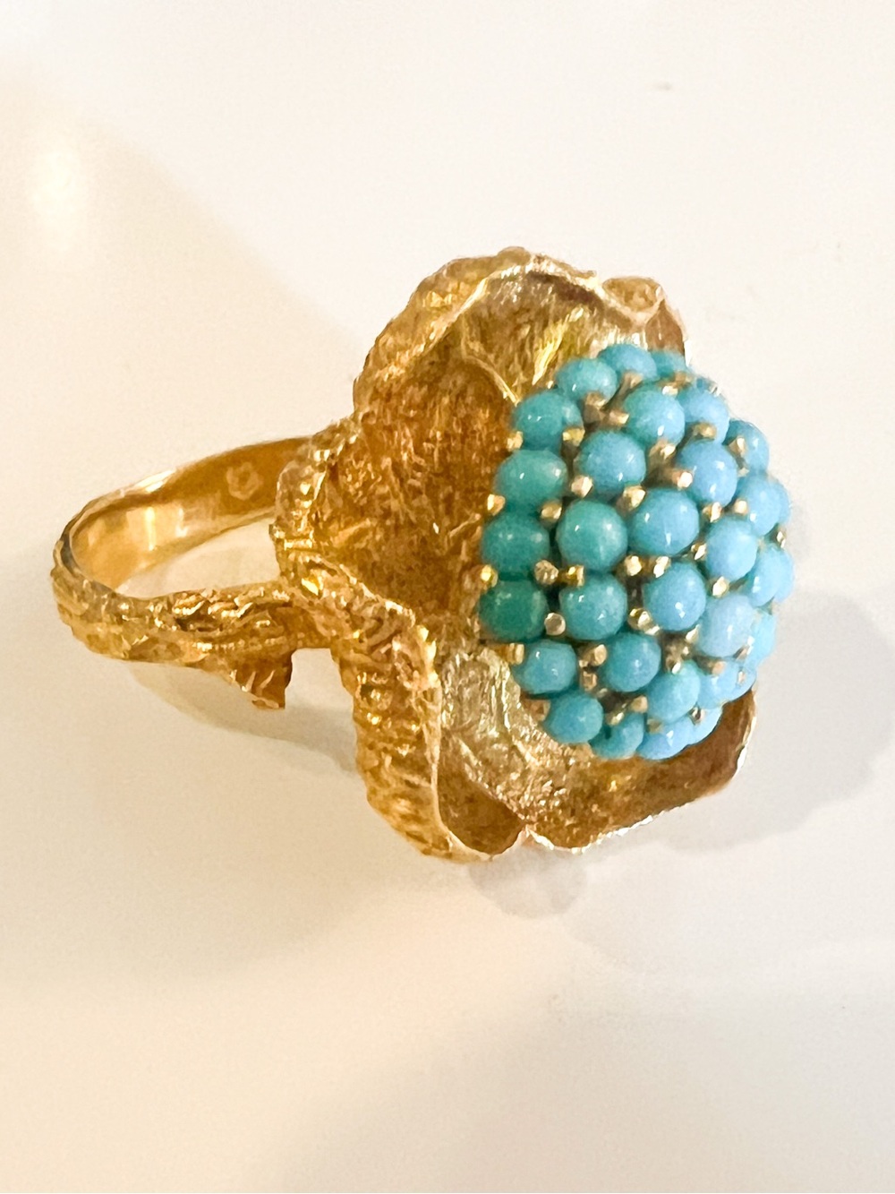 24 HR SALE ESTATE 22k Gold flower x Turquoise Ring 7 EUC CLUSTER GOLD RING